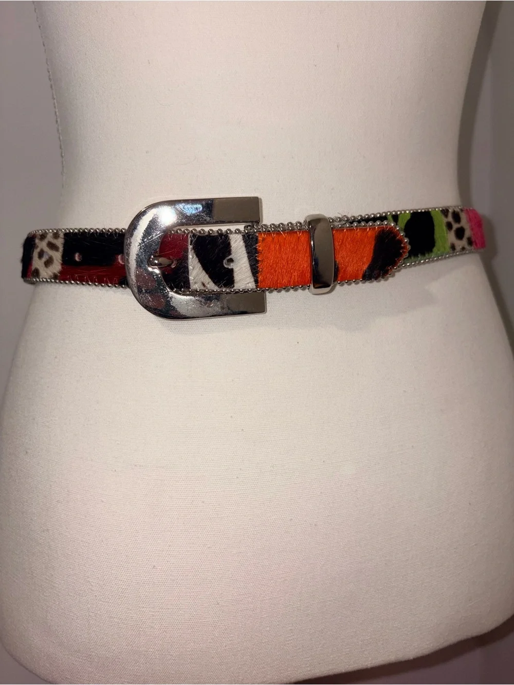 Cache 90s Y2K Rainbow Calf Hair Belt Mix Animal Print Beaded Edge Silver Buckle